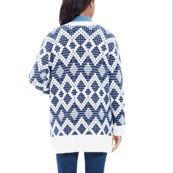 Madewell Contrast Fair Isle Oversized Cardigan Sweater Navy Ivory - Picture 2 of 6